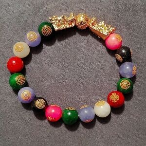 Multi Colored Jade Stretch Bracelet With Chinese Elements & Dragons YG plated